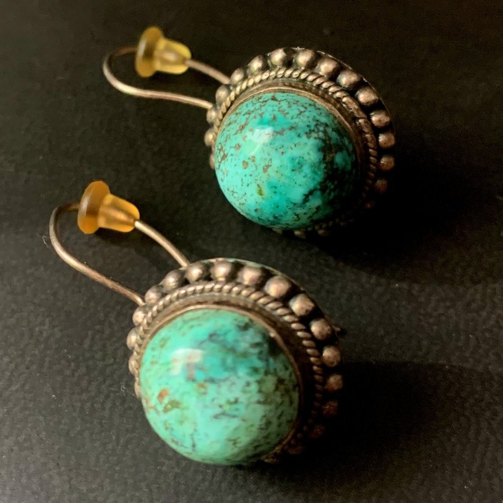 925 Silver Blue Turquoise Cabochon Screw-Back Round Button Earrings
